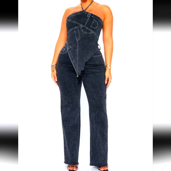 FASHION NOVA Women's Black Denim Halter Jumpsuit - Picture 1 of 4